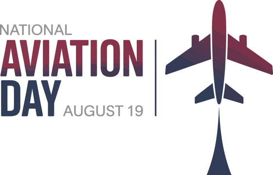 Gradient airplane icon flying upward beside bold National Aviation Day text with August 19 date, honoring American flight history and innovation