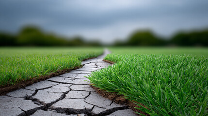 Dry Cracked Earth Path Leading to Green Grass Field Landscape