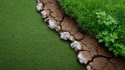 Dry Cracked Soil Meets Green Grass and Turf Top View
