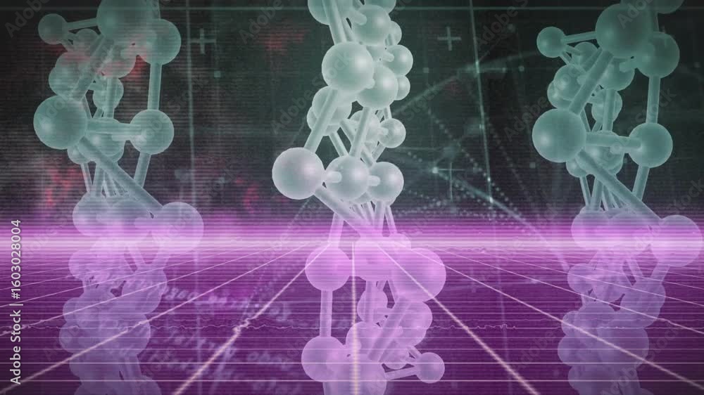 Poster magenta scanning beam rising from bottom pulsing, three chains rotating alternating showing data