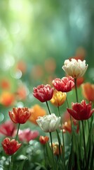 Obraz premium Vibrant tulips in a garden setting.