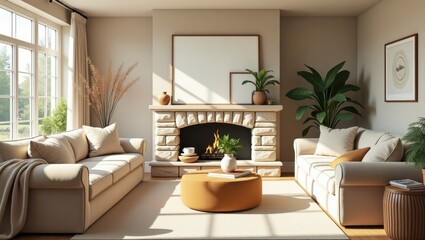 Fototapeta premium Cozy living room with a stone fireplace and large windows.