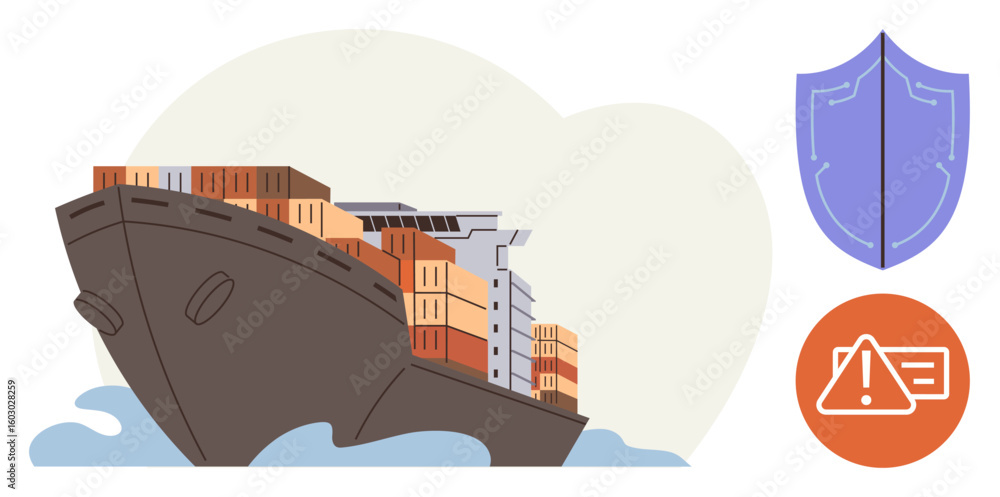 Poster cargo ship loaded with containers sails on waves. adjacent shield and warning icons signify safety, 
