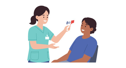 Health worker taking patients temperature with infrared thermometer in