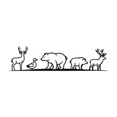 Fototapeta premium Hunting Animal Silhouettes Vector – Deer, Duck, Bear, Boar, Elk in Minimalist Style