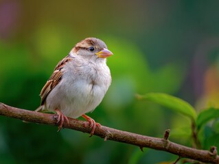Close-up of a sparrow perched on a branch.