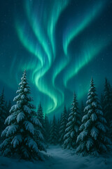 Vibrant aurora borealis lights up the night sky with swirling greens and purples over a snowy landscape.