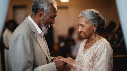 Fototapeta premium An elderly couple is joyfully exchanging vows in a warm indoor setting. Flower arrangements enhance their intimate wedding atmosphere as friends and family witness this special moment.