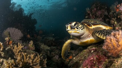 Fototapeta premium Green sea turtle swimming gracefully over vibrant coral reef in clear tropical waters of komodo national park, indonesia, showcasing marine wildlife and natural underwater habitat