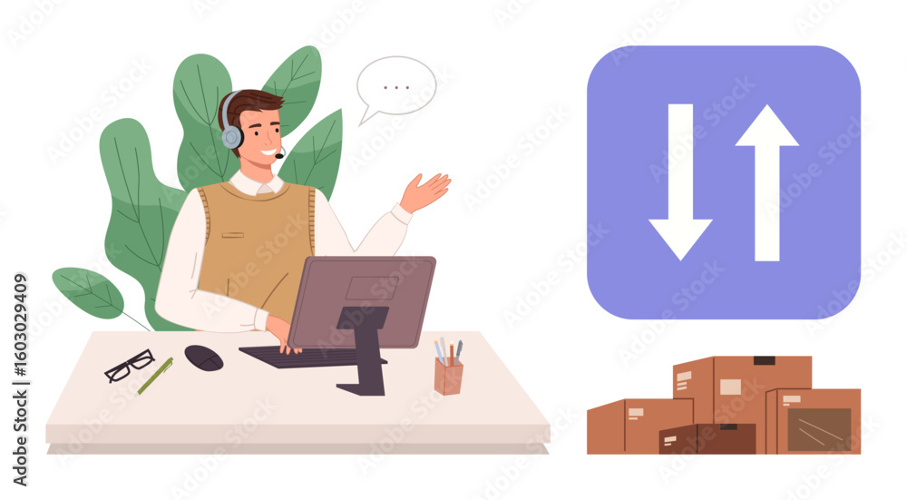 Poster professional at desk with headset engaging in support, managing delivery processes. ideal for custom