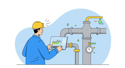 Engineer monitoring water system with tablet in flat design