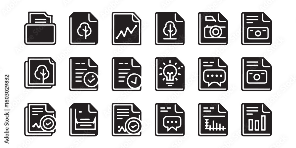 Poster a collection of black and white file icons representing various document types and functionalities