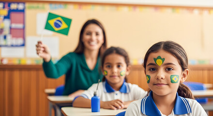 Fototapeta premium Teacher with kids celebrating Brazil Independence Day 