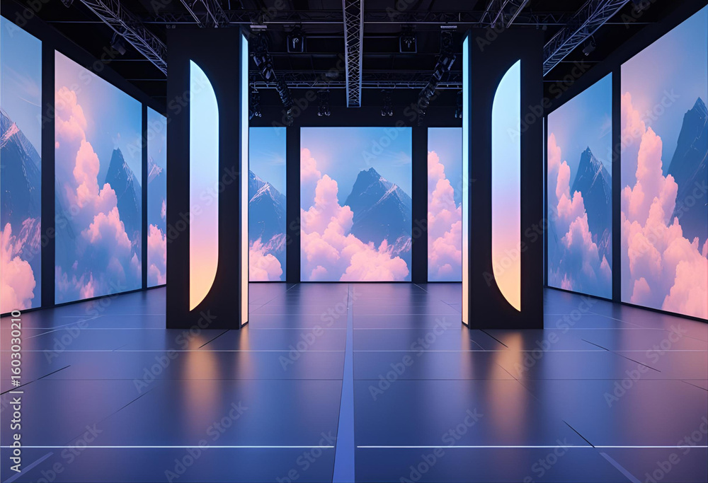 Poster digital display room: modern digital display room showcasing a picturesque scene of clouds and mount