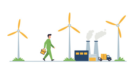 Eco-friendly transition: man walking from factory to renewable energy