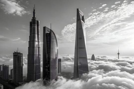 Fototapeta A black and white cityscape shows skyscrapers piercing through a sea of clouds