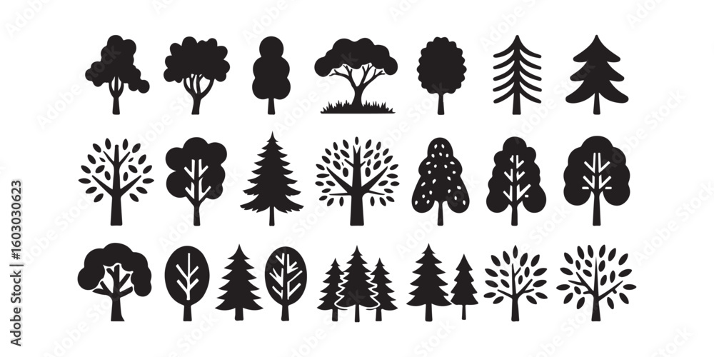 Poster collection of various tree silhouettes in black and white showing different shapes and sizes of tree