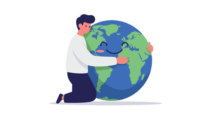 Happy earth embrace: cartoon style of a smiling world and person huggi