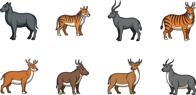 Collection of cartoon ungulates showcases diverse wildlife, featuring deer, antelope, and zebra-like creatures in a colorful and engaging illustration suitable for educational materials.