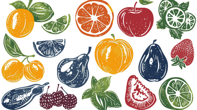Tropical fruits element vector on transparent background, design linocut style illustration	