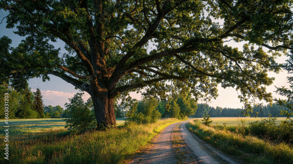 Poster a dirt road winding through a field with a large tree casting shadows on the path