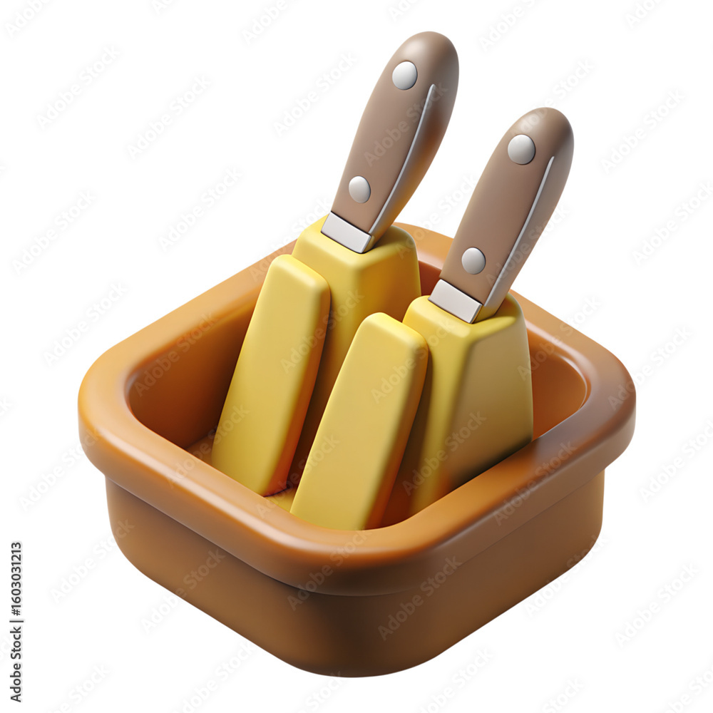 Fototapete Photorealistic 3 D render of two yellow butter knives with brown handles in a brown square container isolated on a transparent background