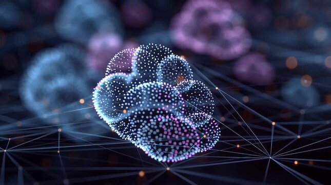 3D graphic of interconnected cloud data clusters, symbolizing secure cloud storage and global network computing