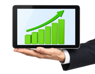 Businessperson’s Hand Holding Tablet with Rising Bar Chart, Front View, Transparent Background