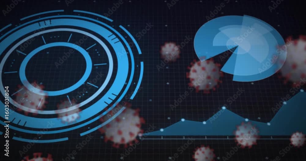 Poster digital panel reacting to data attack with virus icons drifting covering turning pie chart and dial