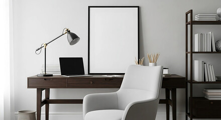 Modern home office setup with a sleek desk adjustable lamp and minimalist chair