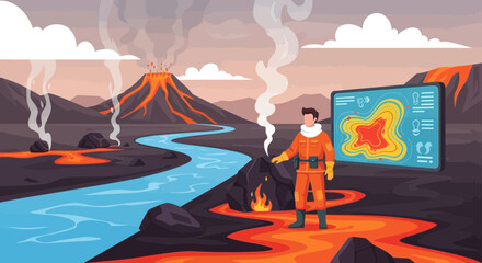 Fototapeta premium Volcanic Activity Monitoring With Scientist And Data Visualization