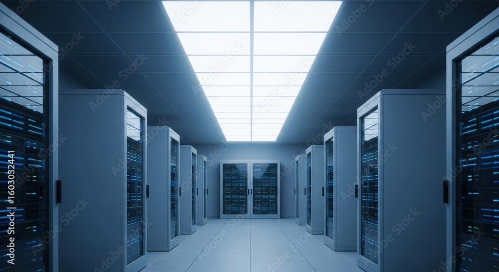 Poster the interior of a modern server room, featuring many data racks and computing systems with glowing l