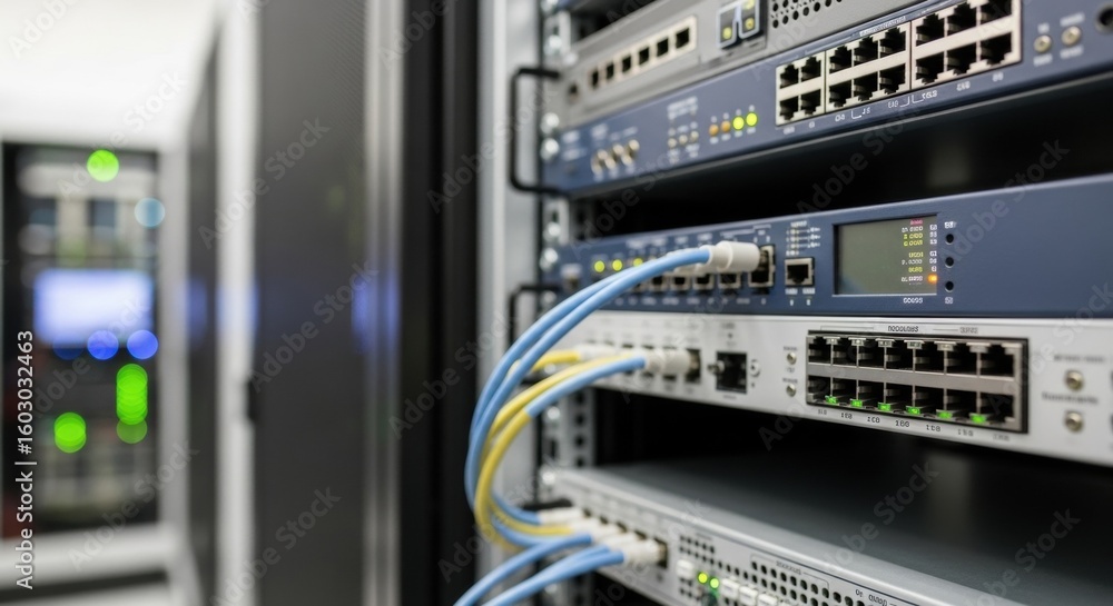 Poster network cables connected to server hardware in a data center. telecommunication equipment or switchb
