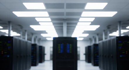Blurred view of a server room with network data servers and lighting. Modern technology and data center concept.