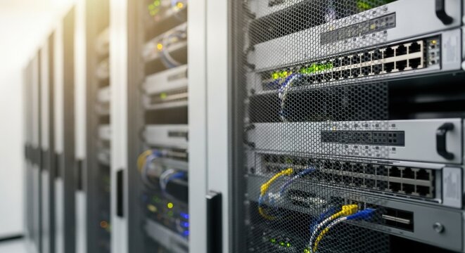 Close up view of blurred server racks and network cables in a data center for cloud computing and internet infrastructure.
