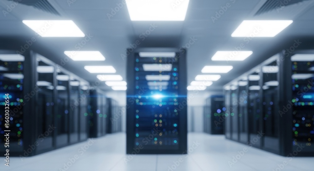 Aufkleber blurred server room interior with glowing blue light. data center with network rack cabinets. concep