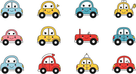 Obraz premium Delight in a whimsical array of cartoon cars, each with unique colors and charming expressions, perfect for adding a playful touch to any creative project or children's design.