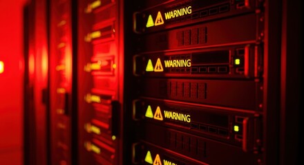 Server rack with warning light. Blurred server room with critical system error. Concept of data center outage.