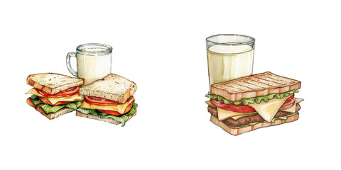 sandwich and milk watercolor vector illustration