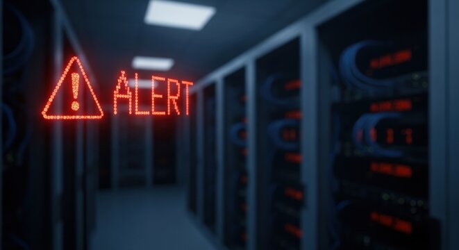 Red alert warning sign and text in blurred server room. Data center security breach or system failure concept. - Powered by Adobe