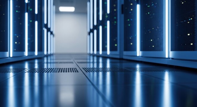 Blurred server room interior with rack servers and blinking indicator lights. Data center and network infrastructure concept.