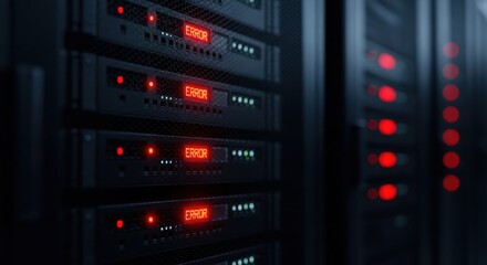 Server rack with red error lights flashing on multiple data processors inside a data center. Network system failure.