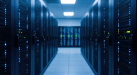 Blurred server room interior with rows of blue illuminated racks and hallway. Data center for cloud computing and hosting concept.