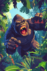 A powerful gorilla emerges from dense jungle foliage, showcasing its strength and ferocity