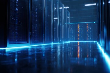 digital network, indicator lights, mathematical formulas, server cabinets, grid lines, analytics, overhead trays, blue lighting, abstract, facility, blue, data flow, network switches, status lights, i