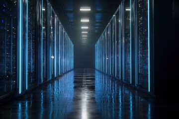 digital network, indicator lights, mathematical formulas, server cabinets, grid lines, analytics, overhead trays, blue lighting, abstract, facility, blue, data flow, network switches, status lights, i