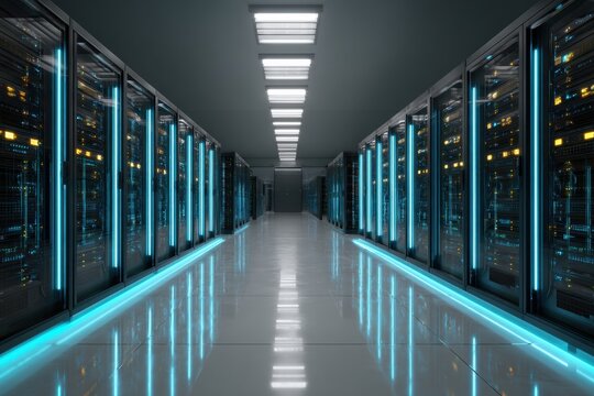 digital network, indicator lights, mathematical formulas, server cabinets, grid lines, analytics, overhead trays, blue lighting, abstract, facility, blue, data flow, network switches, status lights, i