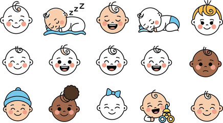Diverse baby faces showcase a range of emotions and expressions, from sleeping peacefully to laughing joyfully, perfect for illustrating childhood, parenting, and early development themes.