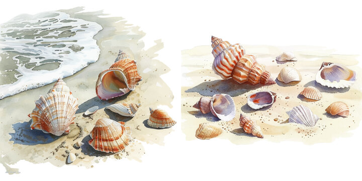 sandy beach with seashells watercolor vector illustration