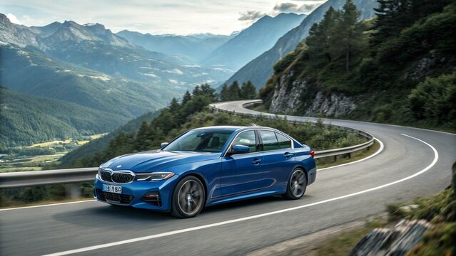 BMW 3 Series Blue Luxury Sedan on mountain road